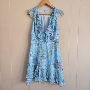 Saloni Blue Floral Dress flounce ruffle v-neck 100% silk romantic girly spring 8
